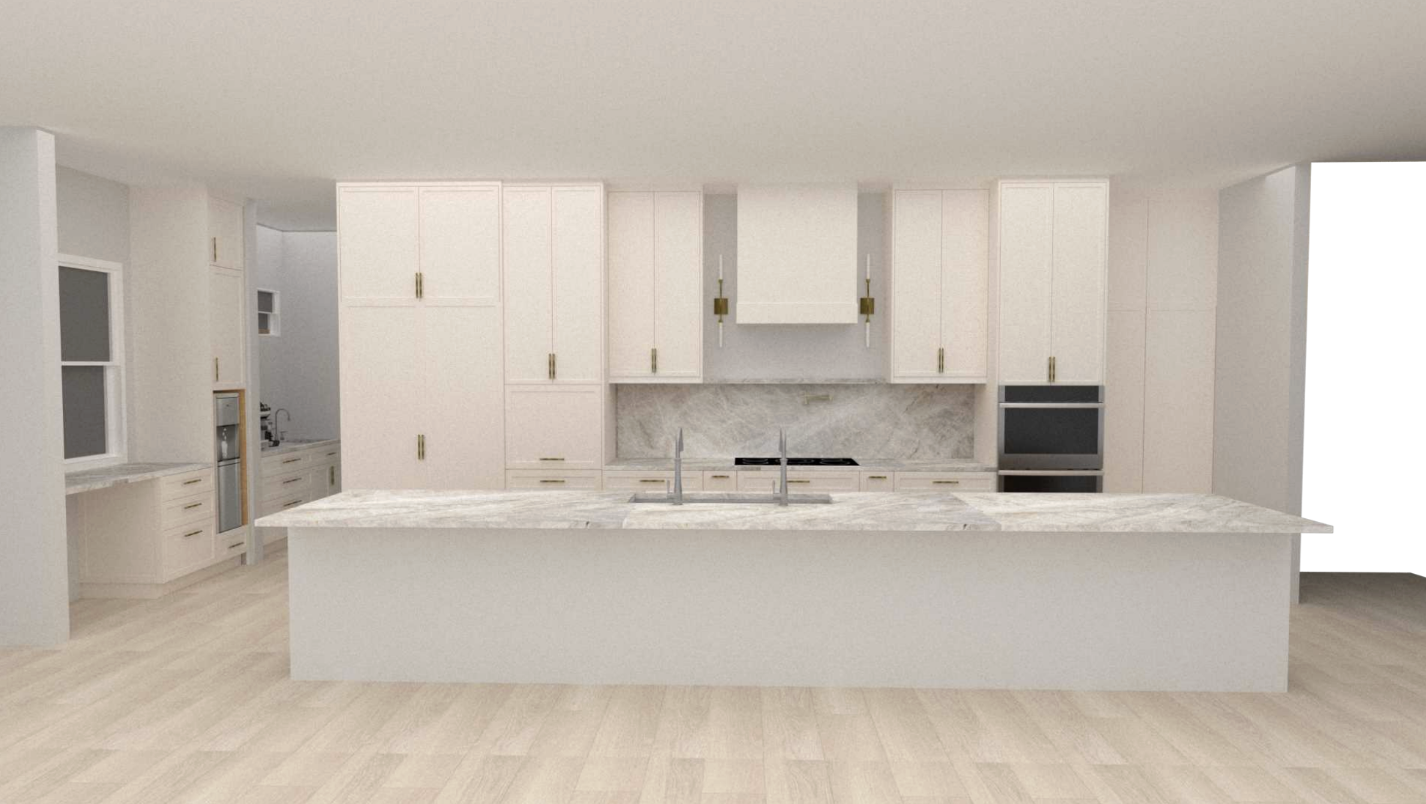 3D render of a custom white kitchen with island
